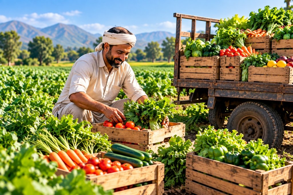 Farmer packing and loading fresh produce at farmland